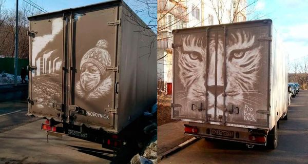 Рисунки на грязных фургонах от московского художника