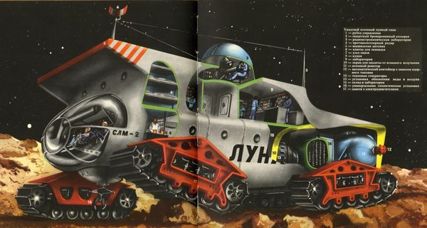 Проект лунной базы Лунарит и мобильных транспортеров Луна-1 от советских иллюстраторов