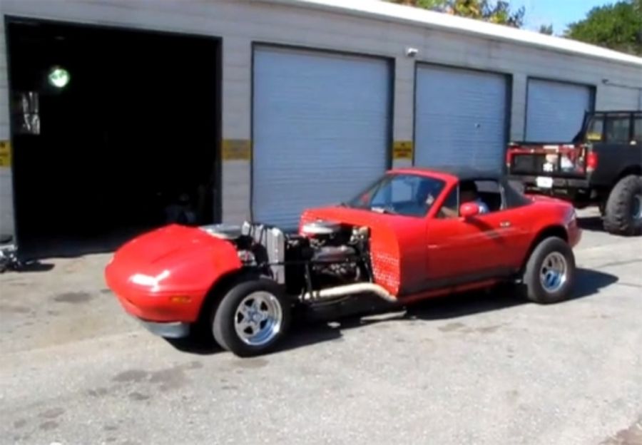 Mazda Miata MX5 dragster with sixteen cylinders