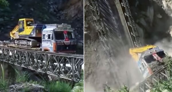 Ужасающее разрушение моста под грузовиком попало на видео