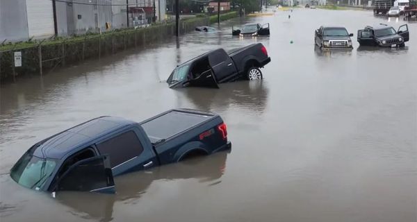 Кадры с дрона, показывающие затопленные автомобили после ураганы Бета