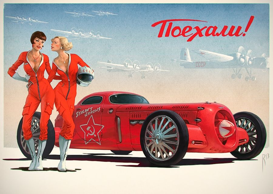 Автомобили Waldemar Motoren и девушки в стиле пин-ап в работах тверского иллюстратора 